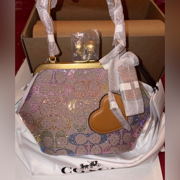 Coach Kisslock Frame Bag 16 in Rainbow (Candy) Crystal Signature Jacquard - Picture 3 of 16